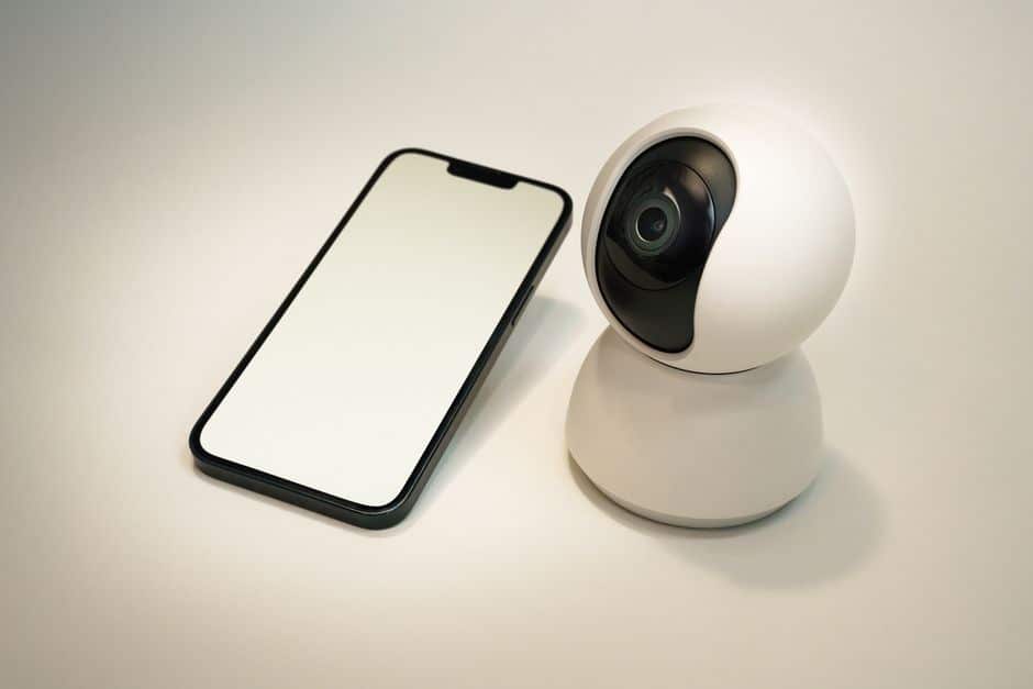 Caméra de sécurité connectée posée à côté d'un smartphone pilotant une alarme